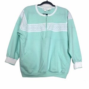 Vintage 80s Blast Green Fair Isle Print Half Zip Ribbed Pullover Sweatshirt Sz M